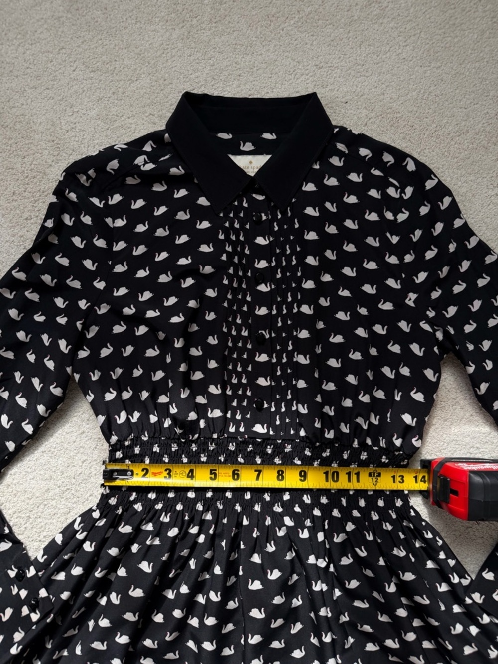 KATE SPADE Swan Print Silk Blend Shirtdress Black Size Large - Picture 13 of 16
